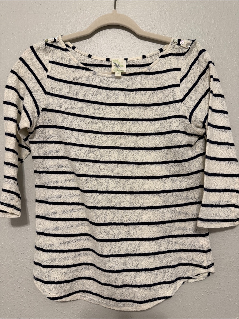 Anthropologie Striped Lace-Overlay Boatneck Top in White and Navy